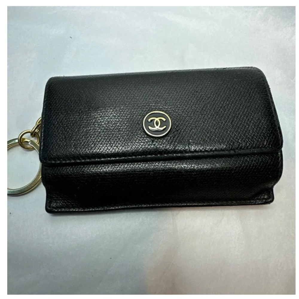 Authentic Chanel black calf skin leather wallet credit card keychain